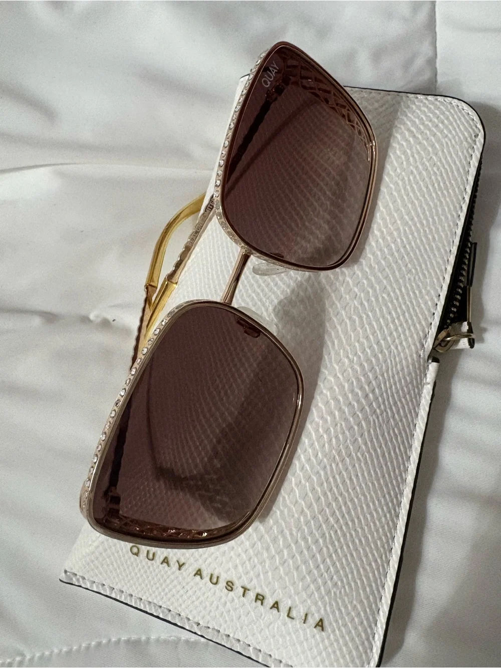 Quay Australia Gold Frame Brown Lens Sunglasses with Rhinestone Trim